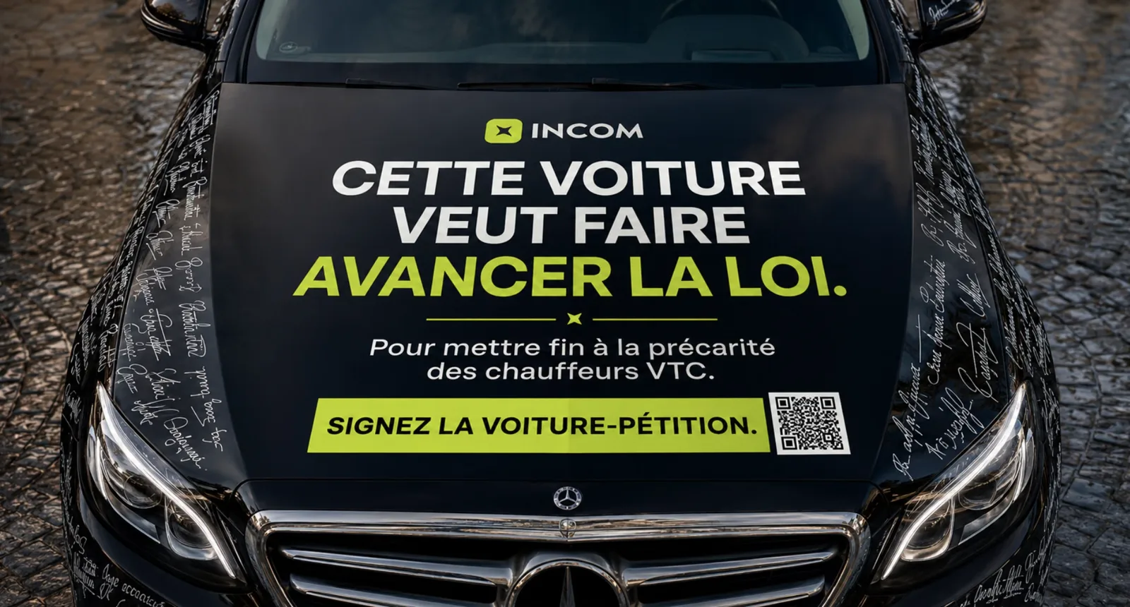 Capot de la voiture-pétition INCOM : Cette voiture veut faire avancer la loi